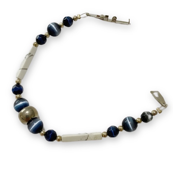 Handmade White Marble Blue Cats Eye and Silver Beaded Boho Artisan Bracelet - Picture 4 of 4